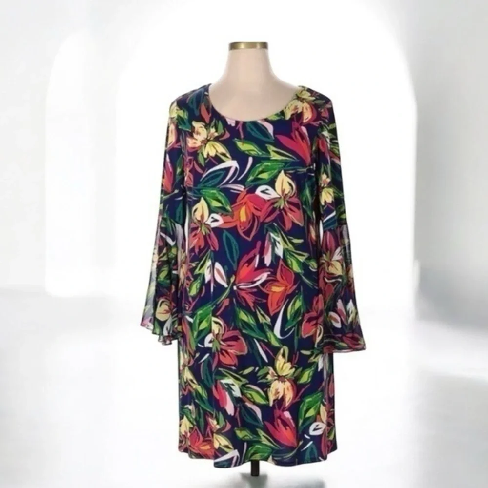 Westport dress womens 1X Floral Tropical Vacation Knee Length Bright Long Sleeve
